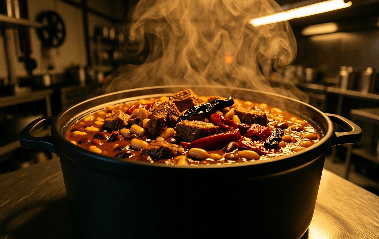 Hearty Firehouse Chili with rising steam